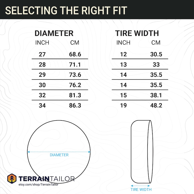 May include: Diagram titled "SELECTING THE RIGHT FIT" with diameter and tire width measurements in inches and centimeters. The diameter measurements range from 27 inches (68.6 cm) to 34 inches (86.3 cm). Tire width measurements range from 12 inches (30.5 cm) to 19 inches (48.2 cm).