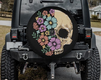 Skull & Flower Half-Bloomed Tire Cover fits Jeeps, Broncos, SUVs, Campers, RVs | Free US Shipping | Includes Backup Camera Cutout