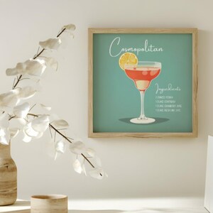 Kosmopolitische cocktail mat vierkante poster, retro keuken muurkunst decor, mixologie drankje recept vierkante print, thuisbar artwork, man Cave