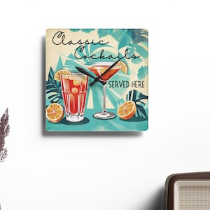 カクテルアクリル時計、レトロな壁装飾、ミックスドリンクキッチン時計、トロピカルバーアート、スクエア壁掛け時計、ホームバーギフト