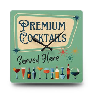 Retro Cocktail Wall Clock, Mid-Century Home Decor, Premium Acrylic Clock, Bar Sign, Kitchen Art, Vintage Style Clock