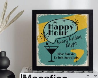 Retro Happy Hour Poster, Matte Wall Art Print, Retro Bar Decor, Vintage Home Decor, Happy Hour Sign, Art Deco Cocktail Hour Poster