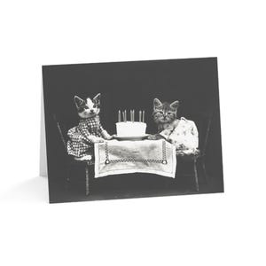 Greeting Card, Cute Vintage Kittens Birthday Card - Funny, Card w/Env or Set of 10, 30 pcs, Blank Inside for Message, Glossy or Matte image 1