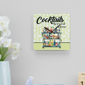 Retro Inspired Cocktails Served Here Wall Clock, Mid-Century Home Decor, Premium Acrylic Clock, Bar Sign, Kitchen Art, Vintage Style Clock