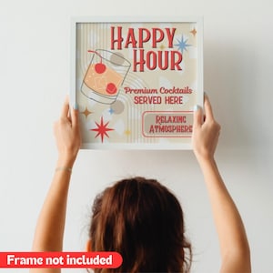 Mid-Century Modern Happy Hour Wall Decor Poster, Matte Posters Retro Cocktails Relaxing Atmosphere
