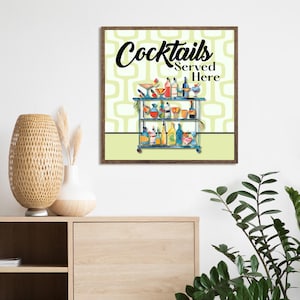 Plakaty kwadratowe, koktajle serwowane tutaj, nowoczesny design z połowy wieku, inspirowany stylem retro, dekoracja domowego baru, wystrój kuchni, sztuka ścienna, prezent
