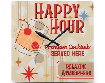 Retro Inspired Wall Clock, Mid-Century Modern Acrylic Clock, Happy Hour Ad Design, Premium Cocktails Clock, Relaxing Atmosphere, Vintage
