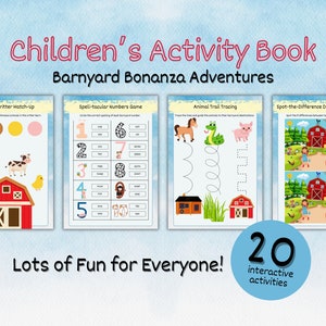 Może przedstawiać: Książka z ćwiczeniami dla dzieci w tematyce farmy. Okładka przedstawia czerwony stodołę z białym X z przodu. Książka zawiera 20 interaktywnych ćwiczeń, takich jak dopasowywanie kolorów, pisanie liczb, śledzenie linii i znajdowanie różnic.