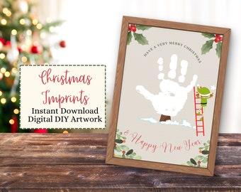 May include: A printable Christmas handprint craft with a white handprint on a tree trunk, a green elf climbing a red ladder, and the text "Have a Very Merry Christmas & Happy New Year".