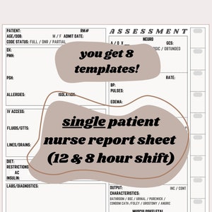 May include: A printable nurse report sheet template for single patient care. The template is designed for 12 and 8 hour shifts. The template includes sections for patient information, assessment, output, characteristics, and more.