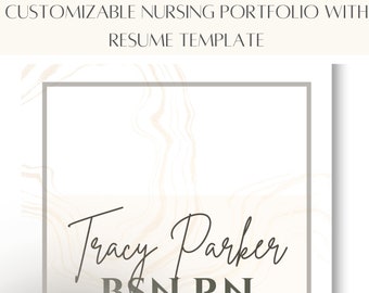 Könnte beinhalten: Eine anpassbare Pflege-Portfolio-Lebenslaufvorlage mit Marmorhintergrund. Die Vorlage enthält den Text "Tracy Parker BSN RN" in einem grauen Feld.