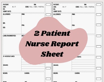 2 Patient Nurse Report Sheet, Med Surg, Med Tele, ICU, Nurse Brain, 12 Hour Shift Nurse Sheet, 2 Patients, White, Gray, Printable, PDF