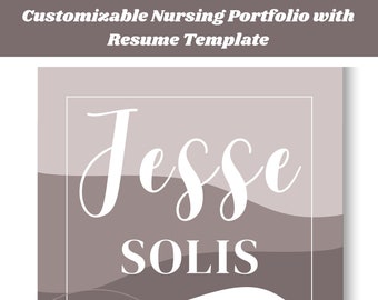 Könnte beinhalten: Ein anpassbares Pflegeportfolio mit einer Lebenslaufvorlage. Das Design zeigt den Namen "Jesse Solis" in weißer Schrift, darunter "SN RN". Der Hintergrund hat ein geschichtetes, abstraktes Design in Braun- und Weißtönen. Text in einem Kreis besagt, dass ein Canva-Konto benötigt wird.