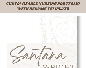 Könnte beinhalten: Eine anpassbare Pflege-Portfolio-Vorlage mit einer Lebenslaufvorlage. Die Vorlage verfügt über einen hellbraunen Hintergrund mit einem weißen abstrakten Design. Der Text "Santana WRIGHT" ist in brauner Kursivschrift geschrieben. Der Text "IN RN" ist in brauner serifenloser Schrift geschrieben. Der Text "Bitte beachten Sie, dass Sie ein Canva-Konto benötigen, um diese Vorlage zu bearbeiten! Canva-Konten sind kostenlos und schnell zu erstellen." ist in brauner serifenloser Schrift geschrieben.