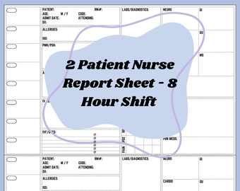 2 Patient Nurse Report Sheet (8 Hour Shift), Med Surg, Med Tele, ICU, Nurse Brain, Nurse Report Template, Digital Download, Printable