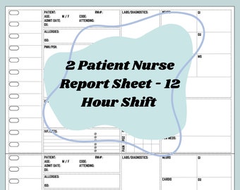 2 Patient Nurse Report Sheet (12 Hour Shift), Med Surg, Med Tele, ICU, Nurse Brain, Nurse Report Template, Digital Download, Printable