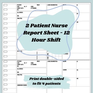2 Patient Nurse Report Sheet (12 Hour Shift), Med Surg, Med Tele, ICU, Nurse Brain, Nurse Report Template, Digital Download, Printable