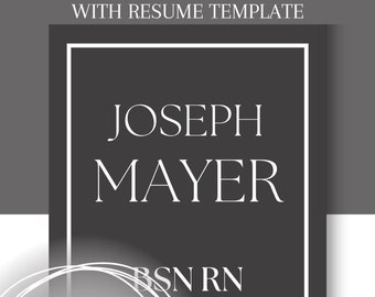 Könnte beinhalten: Ein anpassbares Pflegeportfolio mit Lebenslaufvorlage. Das Design zeigt einen dunkelgrauen Hintergrund mit weißem Rahmen. Der Name "JOSEPH MAYER" wird in großem weißen Text angezeigt, darunter "BSN RN". Der Text erwähnt auch ein Canva-Konto.