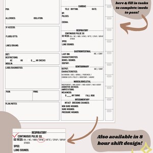 May include: A printable checklist for nurses and other healthcare professionals. The checklist is designed for 12-hour shifts and includes sections for patient assessment, vital signs, medications, and other tasks. The checklist also includes a section for notes and a space for the nurse's signature.