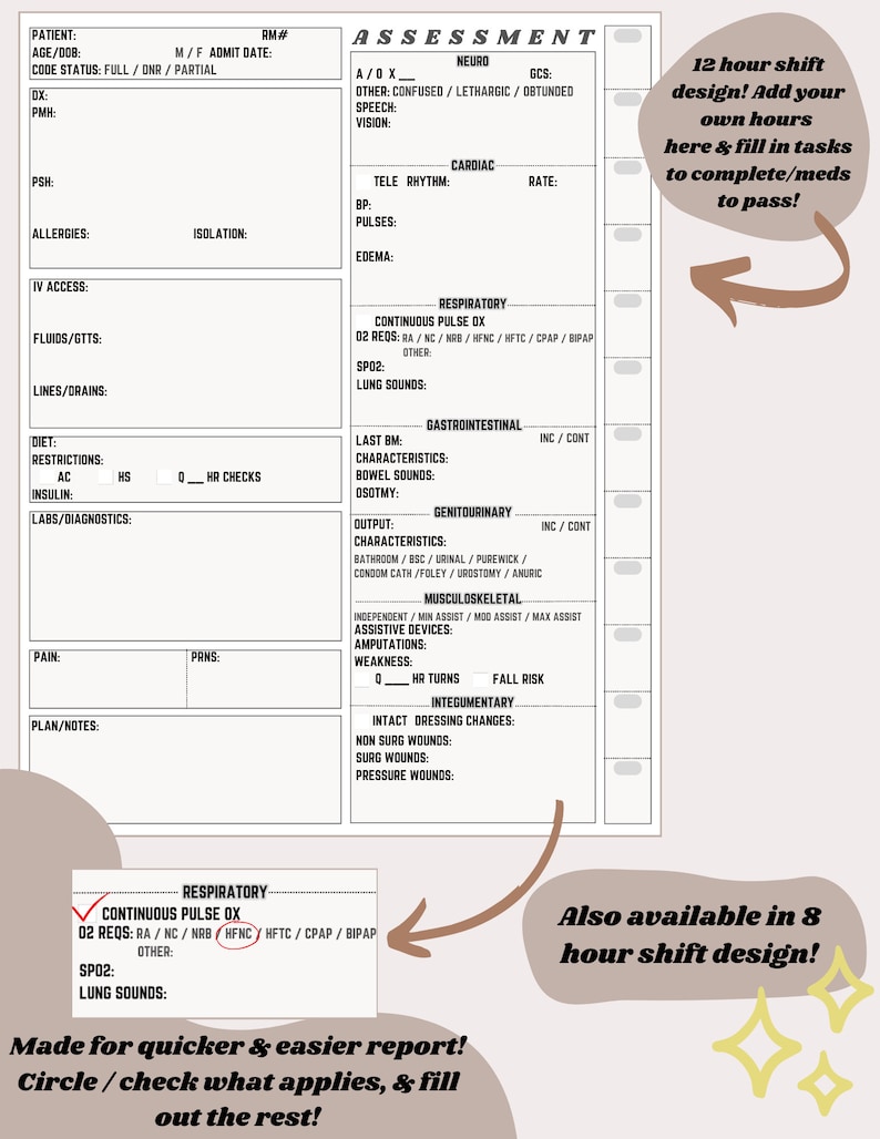 May include: A printable checklist for nurses and other healthcare professionals. The checklist is designed for 12-hour shifts and includes sections for patient assessment, vital signs, medications, and other tasks. The checklist also includes a section for notes and a space for the nurse's signature.