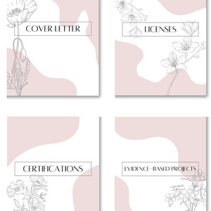 May include: Four pink and white cards with floral illustrations and text. The cards are labelled "Cover Letter", "Licenses", "Certifications", and "Evidence-Based Projects".