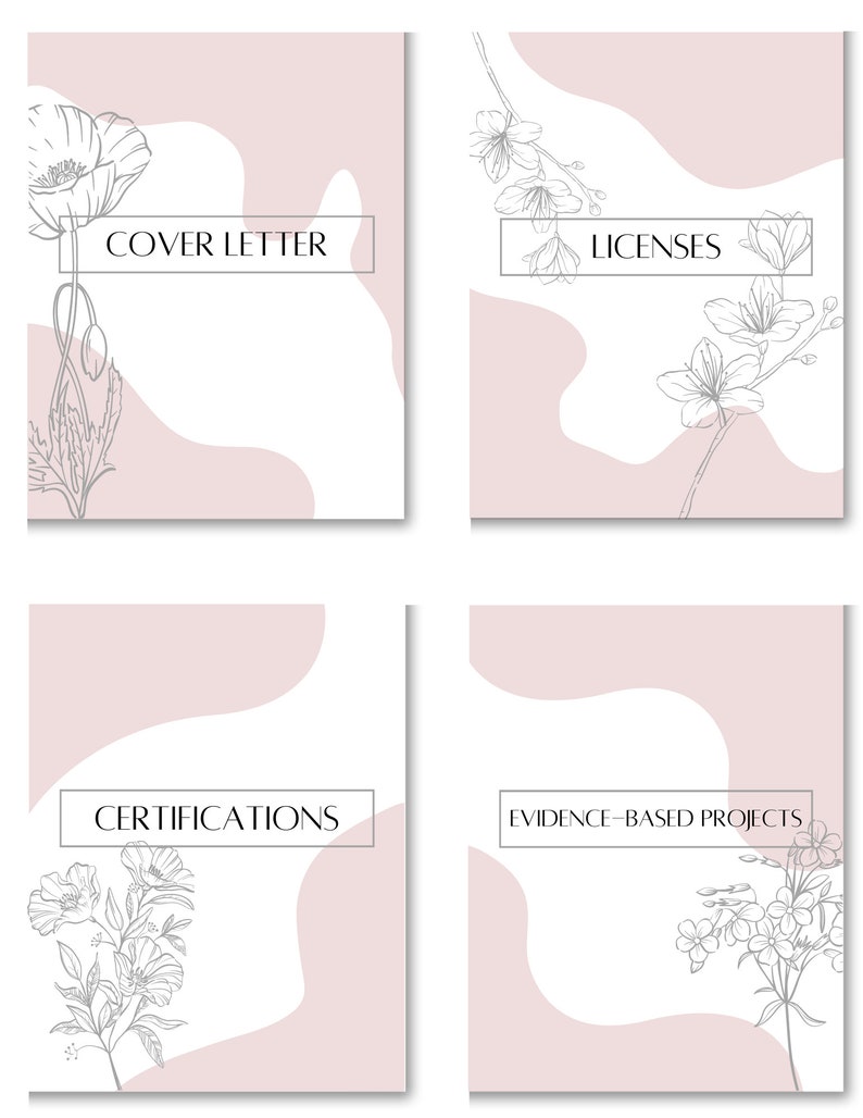 May include: Four pink and white cards with floral illustrations and text. The cards are labelled "Cover Letter", "Licenses", "Certifications", and "Evidence-Based Projects".