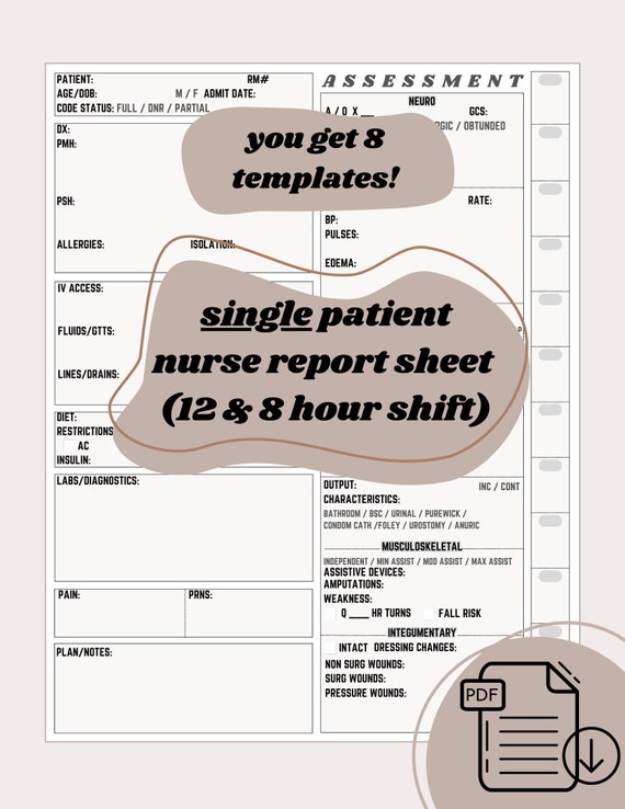 Single Patient Nurse Report Sheet, Med Surg, Med Tele, Nurse Brain, Gray, White, Blank, Detailed, Digital Download, PDF File, 8 hr, 12 hr