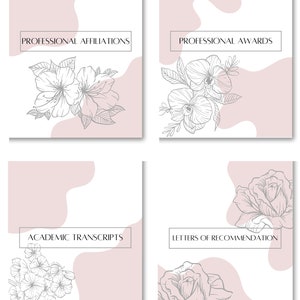 May include: Four pink and white cards with floral illustrations and text. The cards are labelled "Professional Affiliations", "Professional Awards", "Academic Transcripts", and "Letters of Recommendation".
