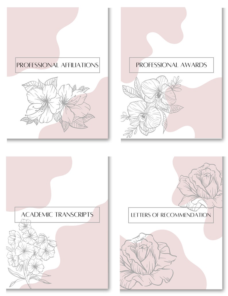 May include: Four pink and white cards with floral illustrations and text. The cards are labelled "Professional Affiliations", "Professional Awards", "Academic Transcripts", and "Letters of Recommendation".
