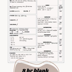 May include: A medical chart with a patient's assessment and vital signs. The chart includes sections for neuro, cardiac, respiratory, gastrointestinal, genitourinary, musculoskeletal, integumentary, and labs/diagnostics. The chart also includes a section for pain, prns, and plan/notes.