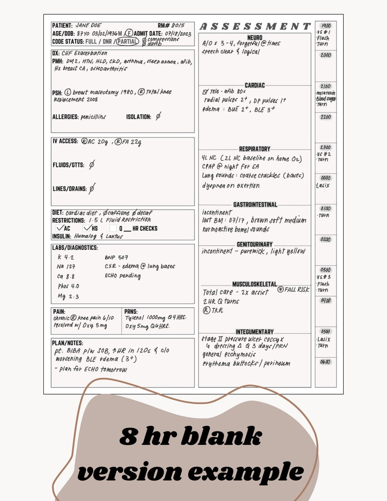 May include: A medical chart with a patient's assessment and vital signs. The chart includes sections for neuro, cardiac, respiratory, gastrointestinal, genitourinary, musculoskeletal, integumentary, and labs/diagnostics. The chart also includes a section for pain, prns, and plan/notes.