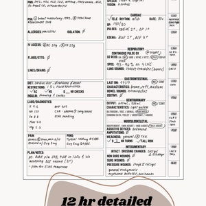 May include: A medical assessment form with a patient's information, including name, age, date of birth, medical history, allergies, medications, and vital signs. The form also includes sections for neurological, cardiac, respiratory, gastrointestinal, genitourinary, musculoskeletal, and integumentary assessments.