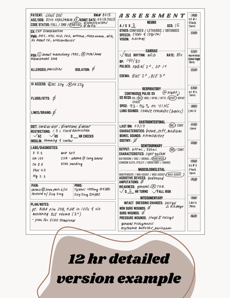 May include: A medical assessment form with a patient's information, including name, age, date of birth, medical history, allergies, medications, and vital signs. The form also includes sections for neurological, cardiac, respiratory, gastrointestinal, genitourinary, musculoskeletal, and integumentary assessments.