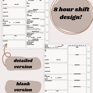 May include: A printable 8-hour shift design template for nurses and other healthcare professionals. The template includes sections for patient information, assessment, and plan of care. The template is available in both a detailed and blank version.