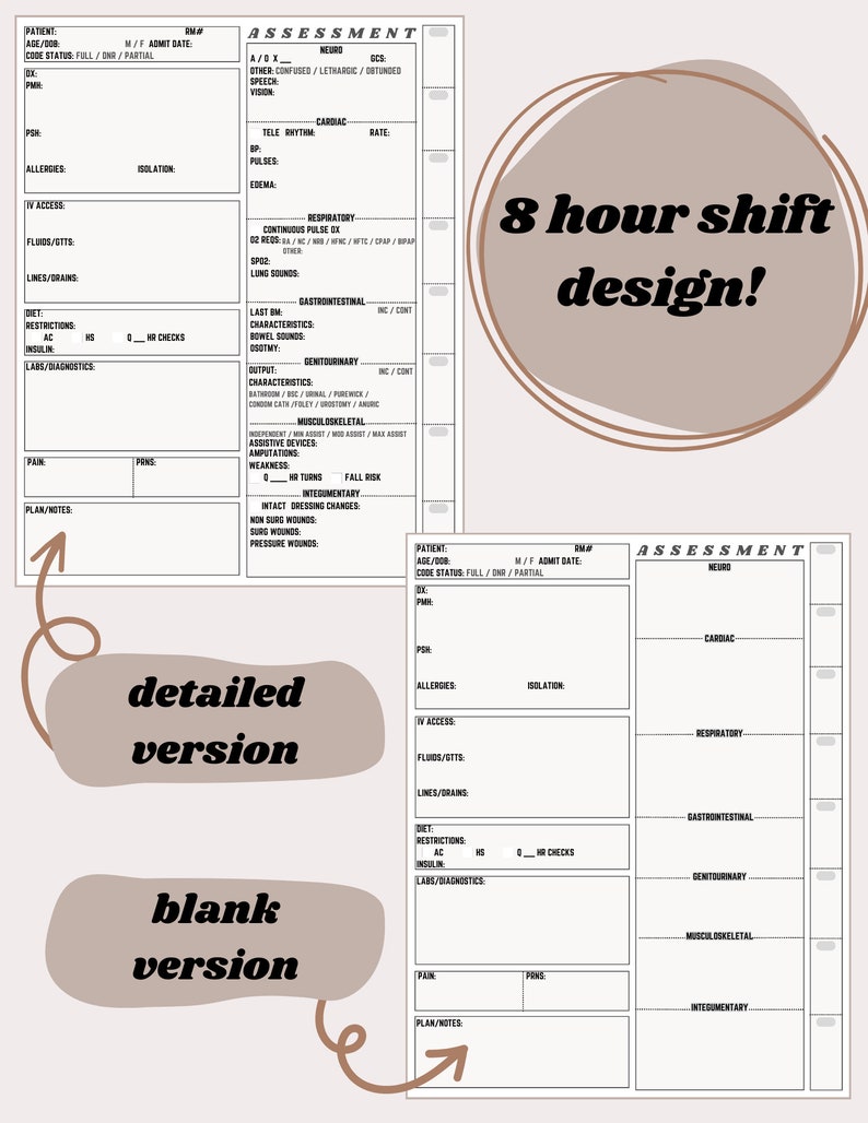 May include: A printable 8-hour shift design template for nurses and other healthcare professionals. The template includes sections for patient information, assessment, and plan of care. The template is available in both a detailed and blank version.