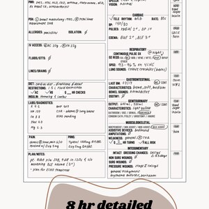 May include: A medical assessment form with a patient's information, including their name, age, date of birth, and medical history. The form also includes a detailed assessment of the patient's vital signs, neurological status, cardiovascular health, respiratory function, gastrointestinal system, genitourinary system, musculoskeletal system, integumentary system, and pain levels. The form is titled "Assessment" and includes a section for "8 hr detailed version example".