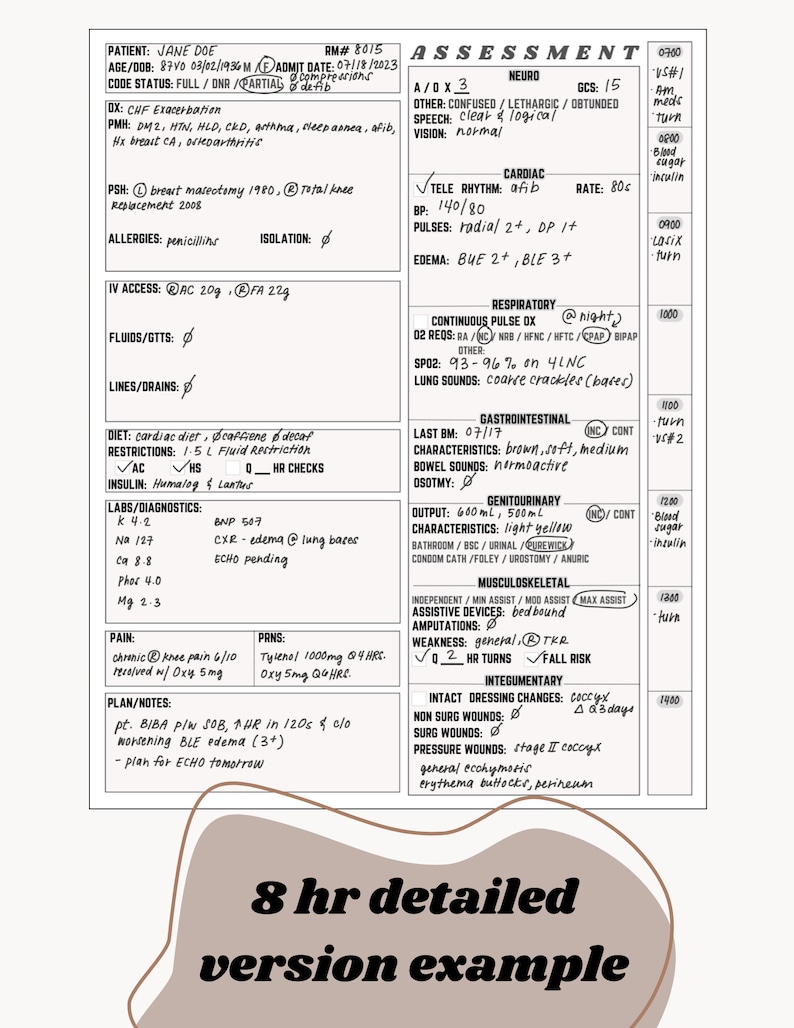 May include: A medical assessment form with a patient's information, including their name, age, date of birth, and medical history. The form also includes a detailed assessment of the patient's vital signs, neurological status, cardiovascular health, respiratory function, gastrointestinal system, genitourinary system, musculoskeletal system, integumentary system, and pain levels. The form is titled "Assessment" and includes a section for "8 hr detailed version example".