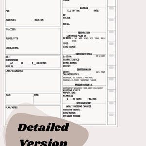 May include: A white medical assessment form with black text and checkboxes. The form is titled "Assessment" and includes sections for neuro, cardiac, respiratory, gastrointestinal, genitourinary, musculoskeletal, and integumentary.