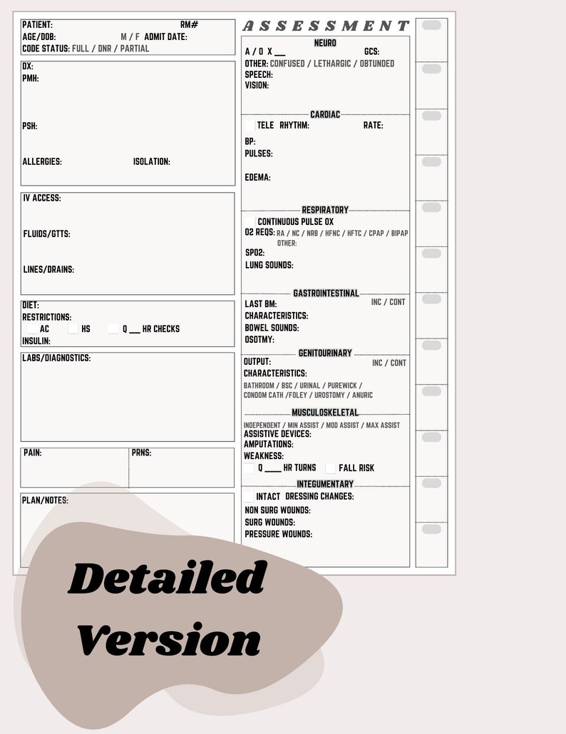 May include: A white medical assessment form with black text and checkboxes. The form is titled "Assessment" and includes sections for neuro, cardiac, respiratory, gastrointestinal, genitourinary, musculoskeletal, and integumentary.