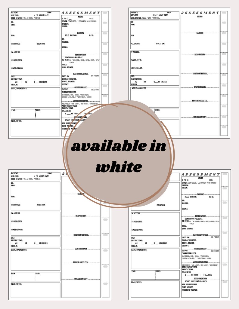 May include: A printable medical assessment form with sections for patient information, vital signs, and body systems. The form is designed for healthcare professionals to document patient assessments.