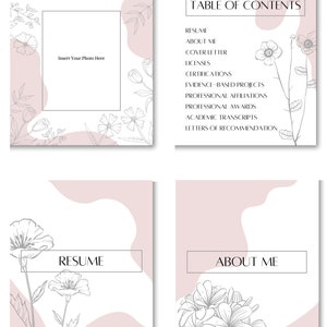 May include: A four-page resume template with a pink background and floral illustrations. The template includes sections for a resume, about me, cover letter, licenses, certifications, evidence-based projects, professional affiliations, professional awards, academic transcripts, and letters of recommendation.