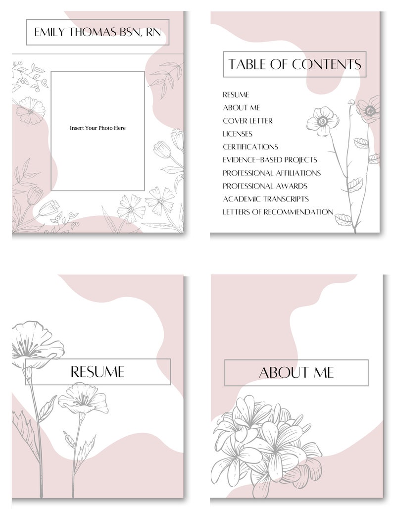 May include: A four-page resume template with a pink background and floral illustrations. The template includes sections for a resume, about me, cover letter, licenses, certifications, evidence-based projects, professional affiliations, professional awards, academic transcripts, and letters of recommendation.