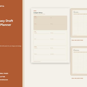 May include: A digital fantasy draft day planner template featuring a main page titled League Setup with sections for league details, lineup, and strategy, alongside two smaller pages labeled Player Shortlist and My Drafted Roster.
