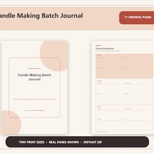 Può includere: Un diario per la creazione di candele con 17 pagine originali. La copertina presenta il titolo e un design circolare color pesca tenue. La pagina interna mostra una sezione Formula Record con campi per ingredienti, misure e note.