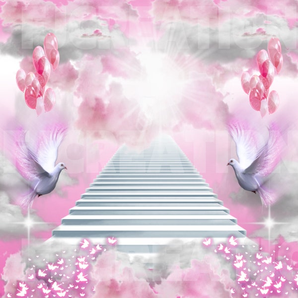 Rosa & weiße Luftballons | Schmetterlinge| Treppe zum Himmel Vorlage | PNG| Ruhe in Frieden| Beerdigung | In liebevoller Erinnerung | | Obitury|T-shirts| Kissen
