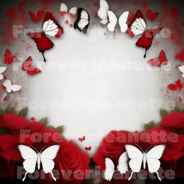 Red & White Memorial Background| Butterflies| Rest in peace|Gone to soon| PNG| Funeral Keepsakes| T-shirts| Obituary| Roses|In loving memory