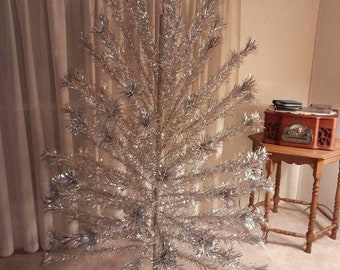 Rare Vintage 7ft Evergleam Aluminum Christmas Tree Pom-Pom Tree 1959 w/ Original Base
