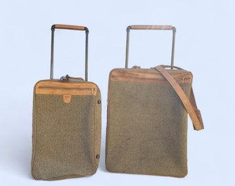 Vintage Tweed and Leather Hartmann Rolling Suitcase set comes w two sizes