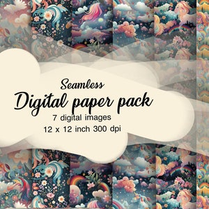 Peut inclure: Un pack de papier numérique avec 7 motifs sans couture représentant des licornes, des arcs-en-ciel, des nuages et des étoiles. Les motifs sont dans un style fantaisiste avec des couleurs vives et un thème magique. Le pack comprend 7 images numériques, chacune de 30,5 x 30,5 cm à 300 dpi.