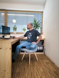 Cross legged chair for office, yoga & meditation: ergonomic, back-friendly and comfortable. Wide criss cross stool of solid wood, gray beech